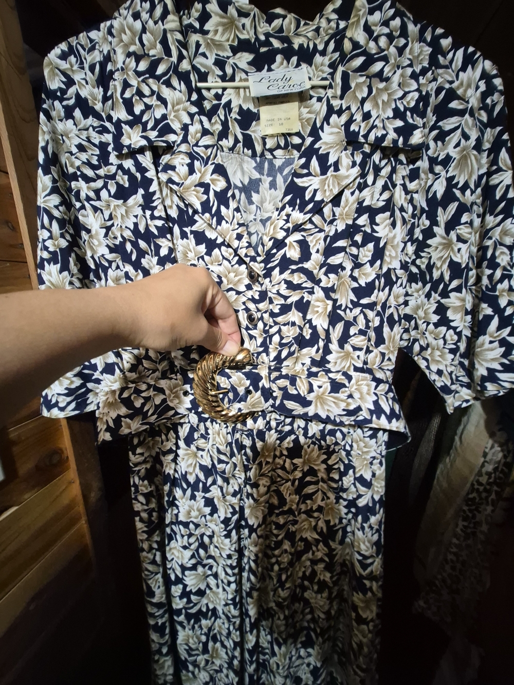 Lady Grace Navy Floral Belted Midi Dress with Gold Buckle